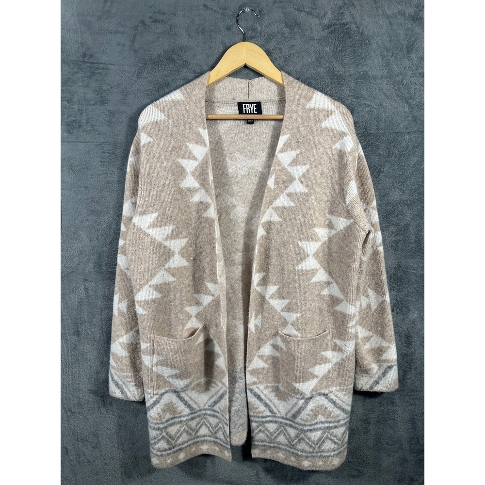 Frye Womens Large Aztec Tan Southwestern Open Front Longline Cardigan Sweater